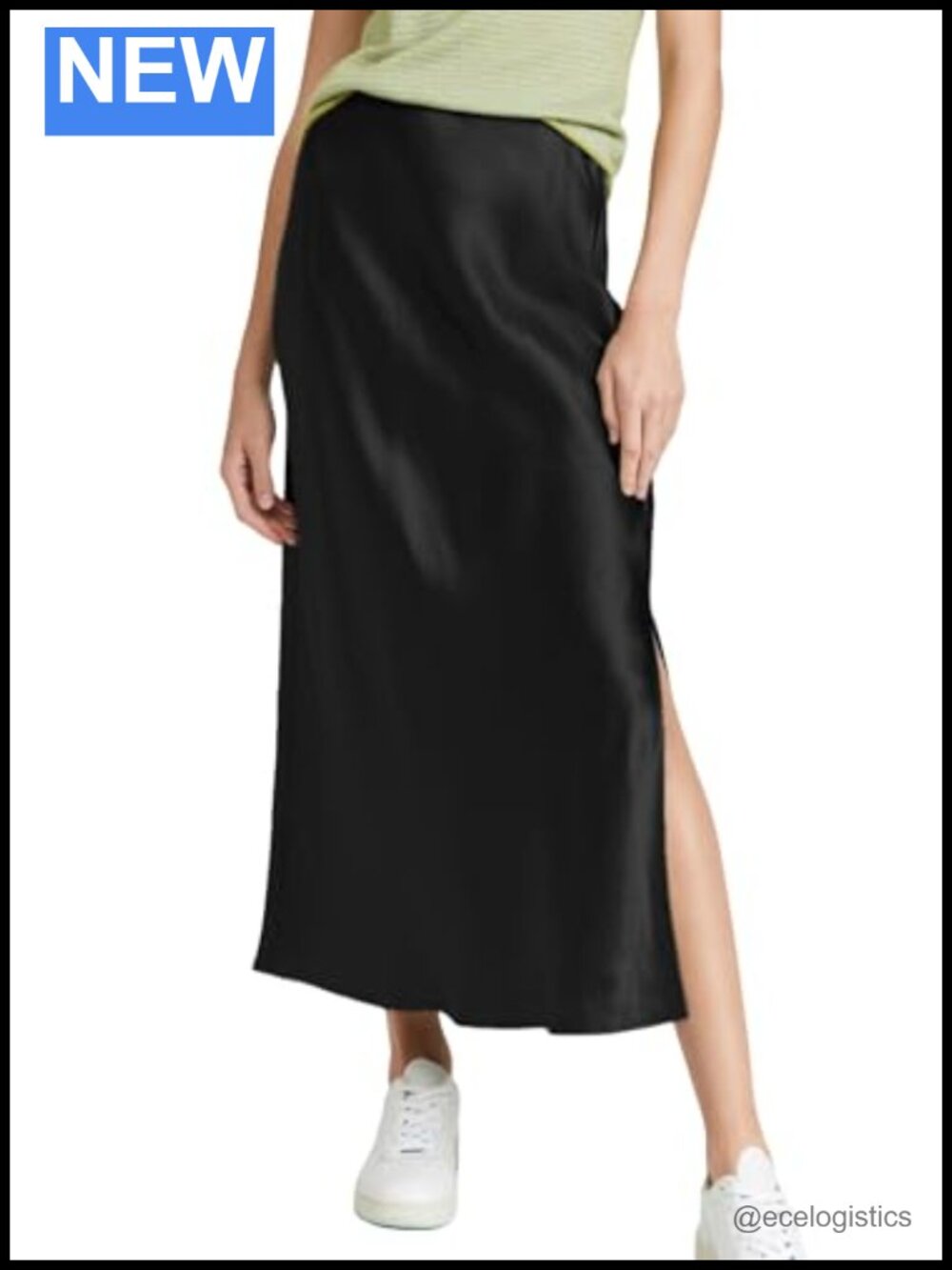 Satin High Waisted Maxi Skirt A Line Split Hem Elastic Waist